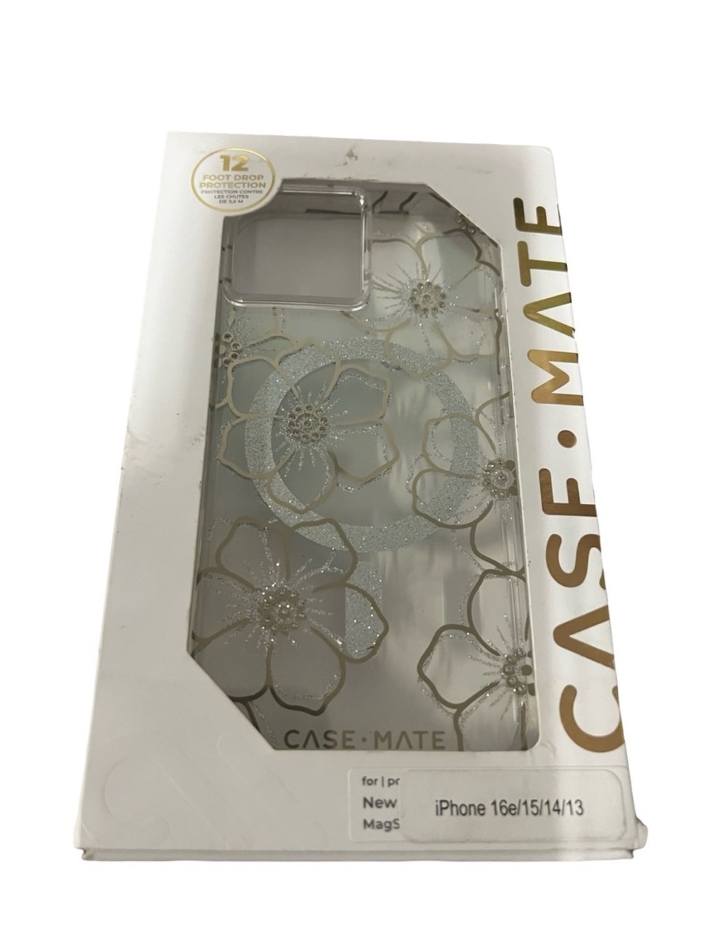 case-mate Clear Floral Glitter iPhone Case - Gold Floral Accents 16e/15/14/13